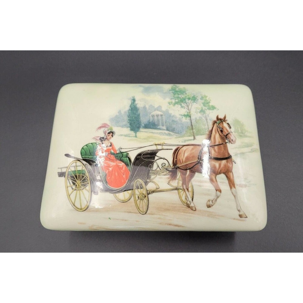 VTG Ceramic Trinket Box Dish Lidded Transfer Lady Horse Buggy Handmade